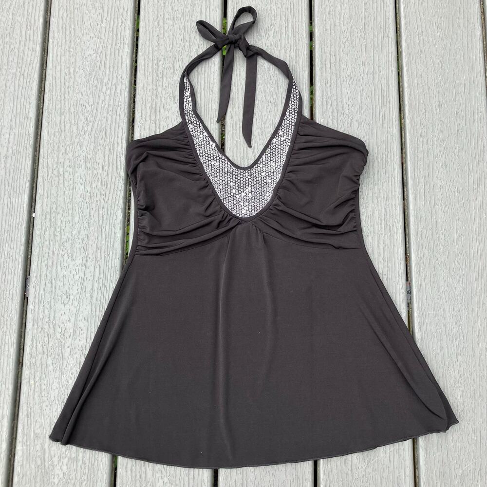 Y2K black babydoll sequin beaded halter top, 2000s boho chic whimsigoth